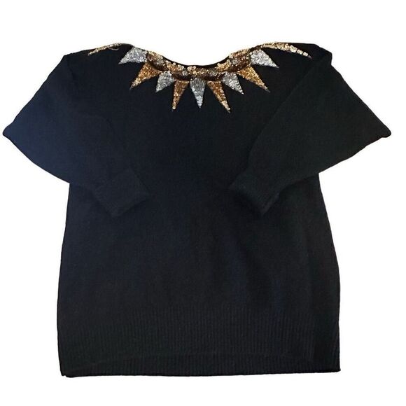 Vtg Semplice Lambs Wool Angora Rabbit Hair Black Sequin Deep V Back Sweater L - Picture 2 of 13